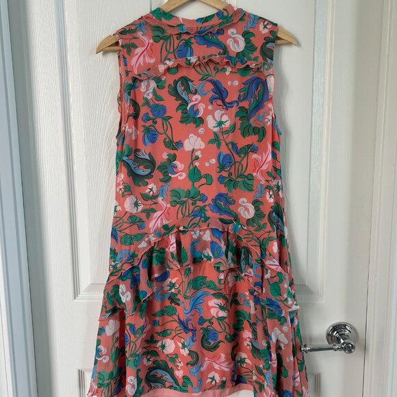 Saloni Shirt Dress Tilly 100% Silk Pink Floral Button Up Ruffle Sleeveless SZ4 - Picture 10 of 13